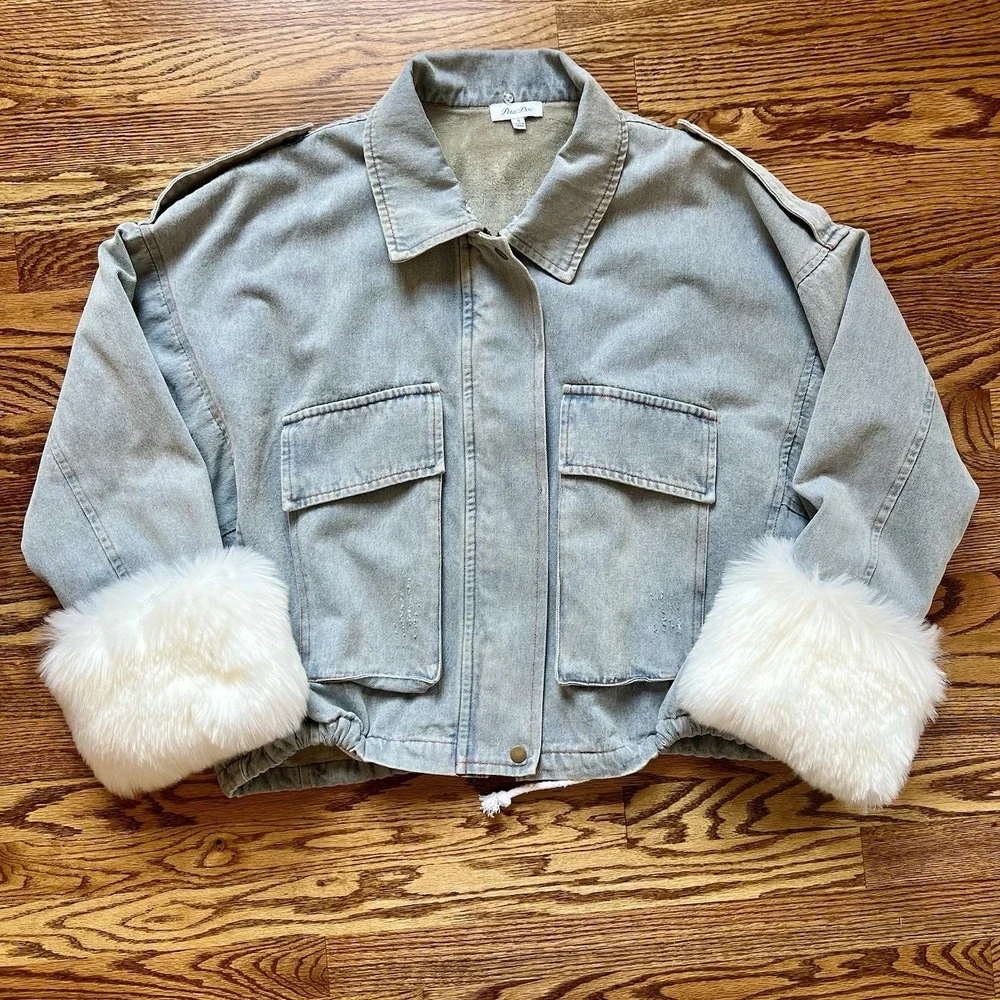 Petal Dew White Faux Fur Trim Utility Denim Jacket Warm Soft Lining, Oversized S